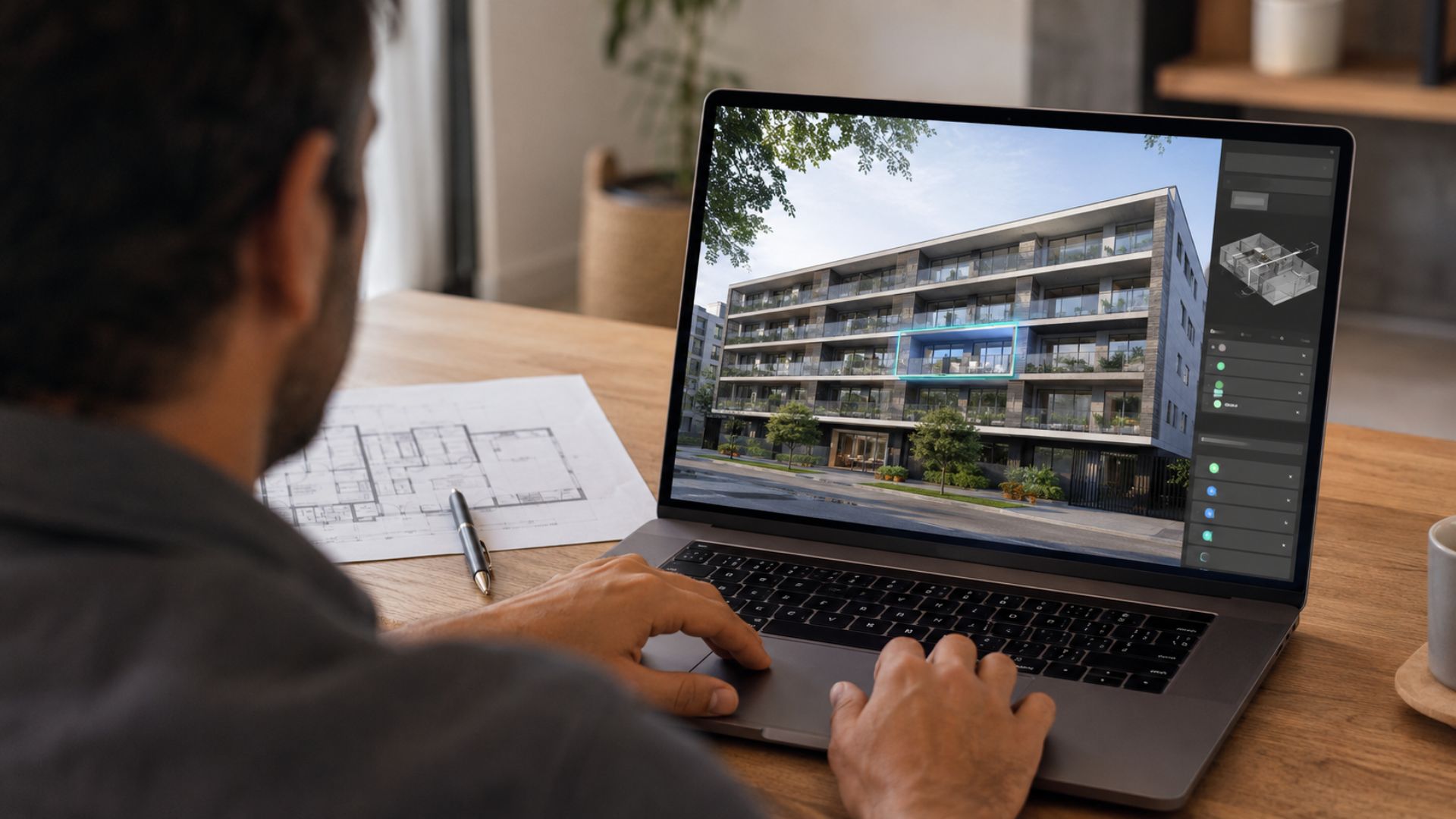 Profesional utiliza la plataforma de Winbuild para visualizar un desarrollo inmobiliario en una computadora.