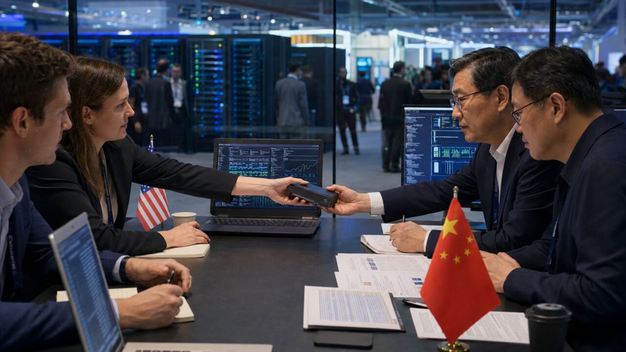 Representantes de Estados Unidos y China negocian la compra de datos de entrenamiento en una conferencia tecnológica.