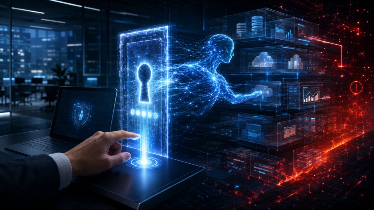 Representación digital de agentes de IA con acceso a sistemas empresariales a través de una puerta virtual protegida por credenciales.