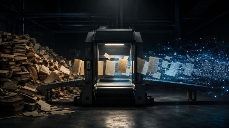 Máquina industrial entre pilas de libros destruidos y páginas digitalizadas, una representación del Proyecto Panamá de Anthropic.