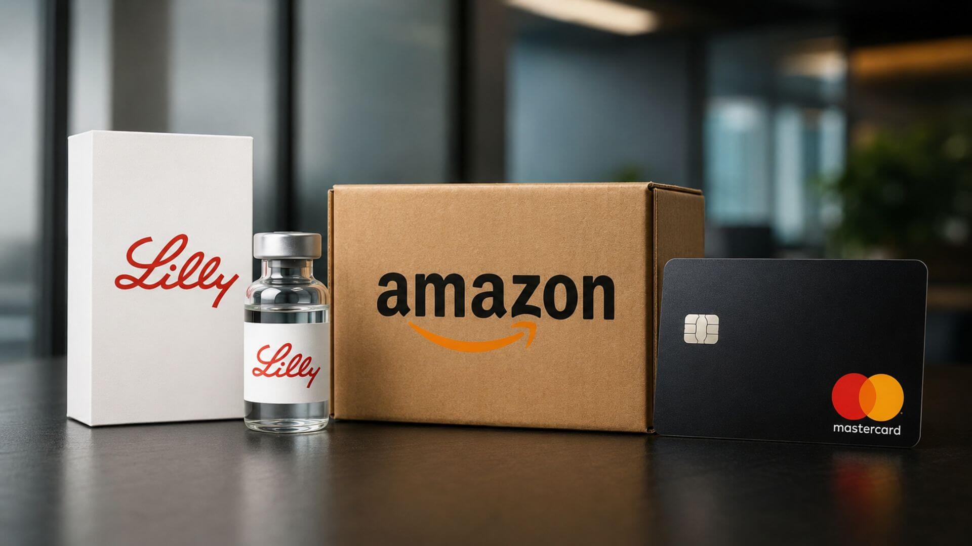 Productos de Lilly, una caja de Amazon y una tarjeta Mastercard representan a las empresas más innovadoras del mundo.