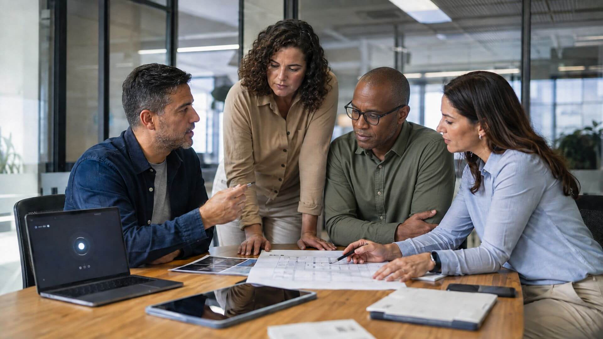 Equipo de profesionales revisa documentos junto a una computadora, en una escena vinculada con los empleos e IA.