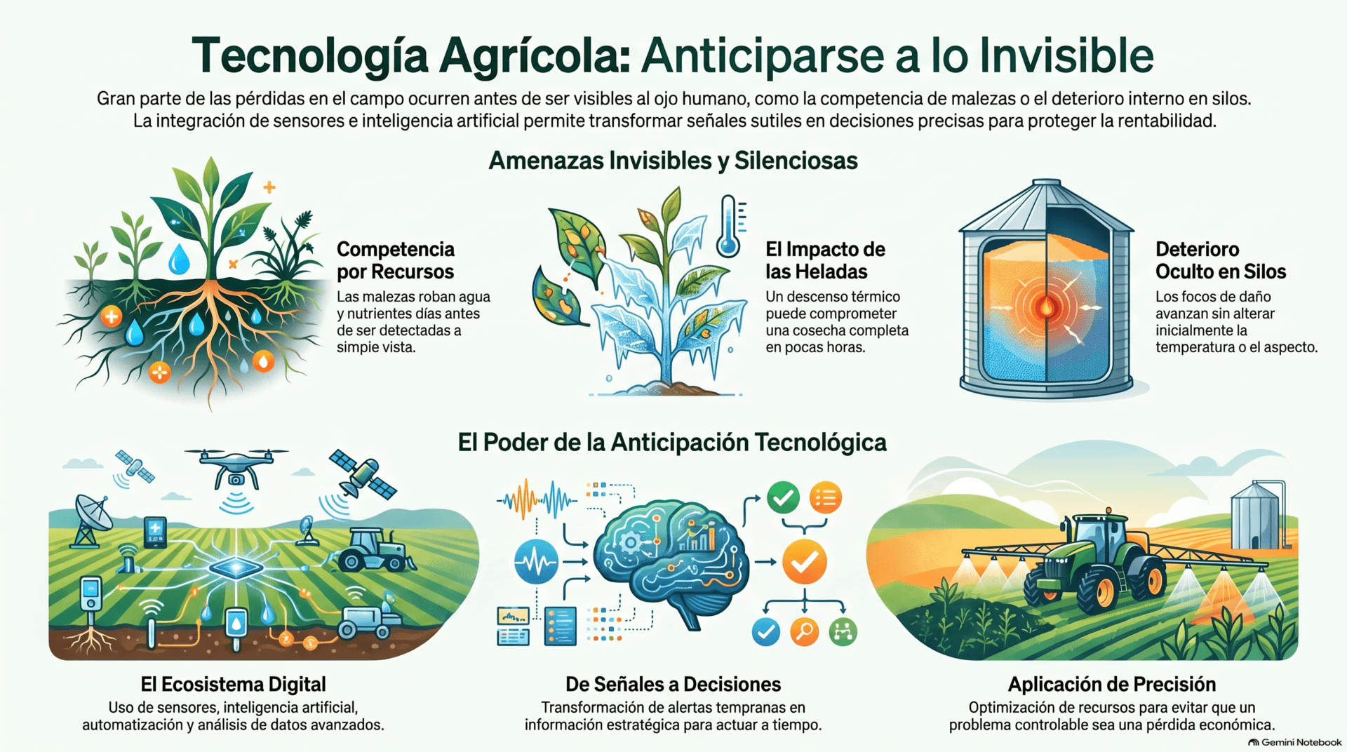 Infografía titulada "Innovación en Tecnología Agrícola" que detalla el impacto de la tecnología en el campo. Se explica cómo herramientas como sensores, automatización, inteligencia artificial y análisis de datos transforman señales tempranas en información clave para la toma de decisiones.