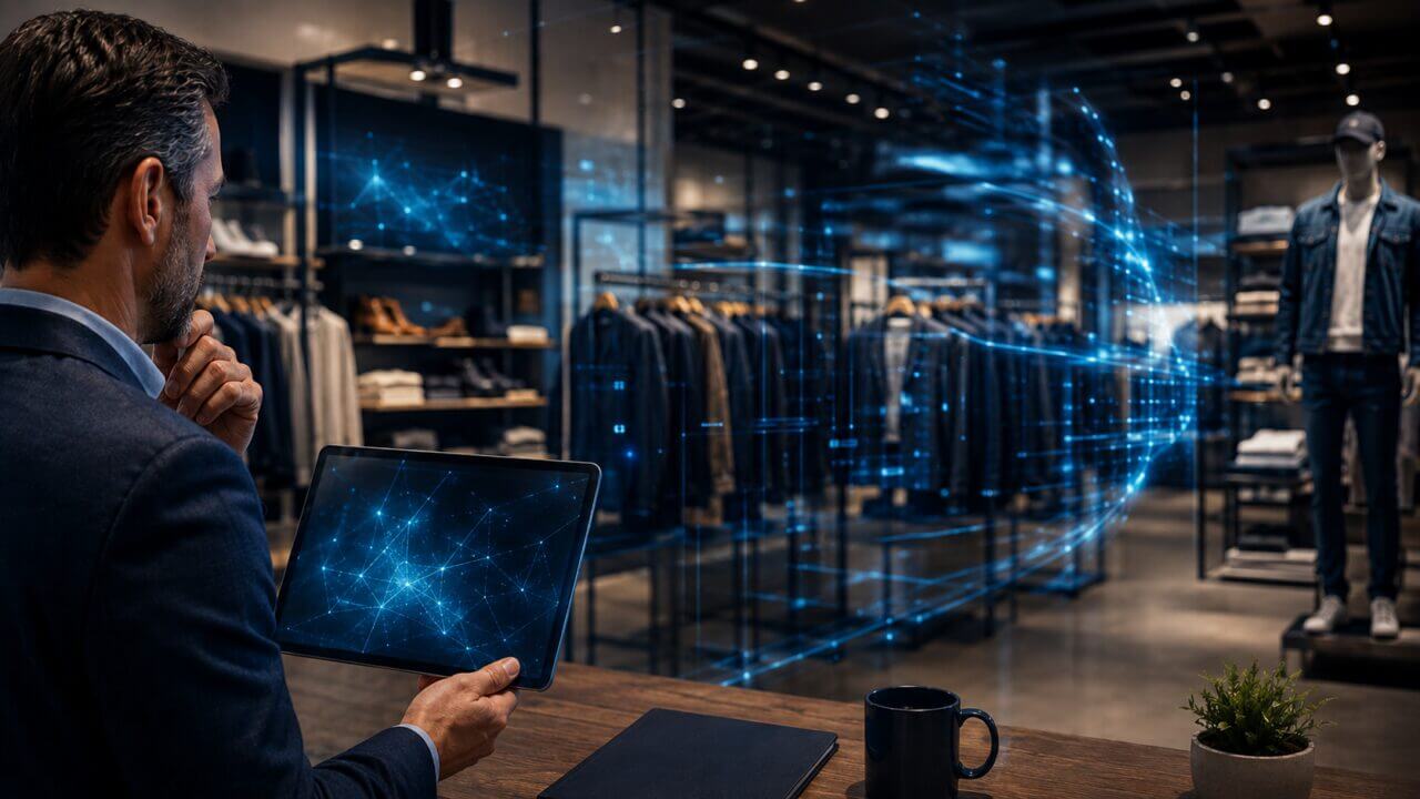 Ejecutivo analiza una tienda de moda con una tablet y visualizaciones digitales asociadas a inteligencia artificial en retail.