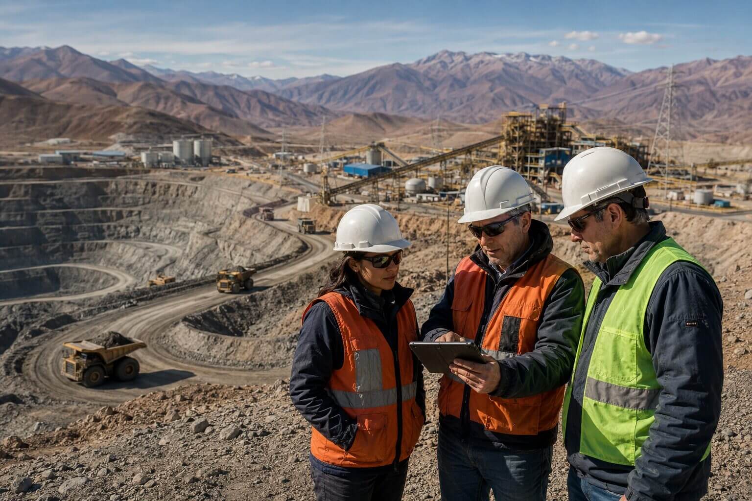 Profesionales con cascos revisan una tablet frente a una operación a cielo abierto, con planta de procesamiento y maquinaria, en el contexto de nuevos proyectos mineros en Argentina.