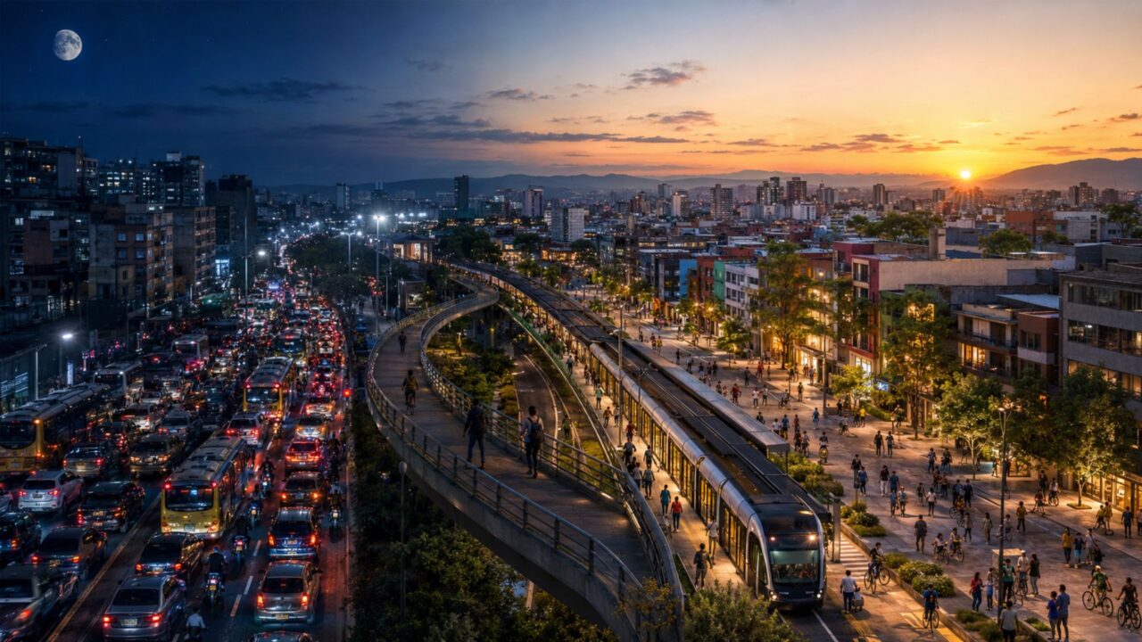 Ciudad latinoamericana con transporte público y movilidad activa, símbolo del leapfrogging aplicado al desarrollo urbano.