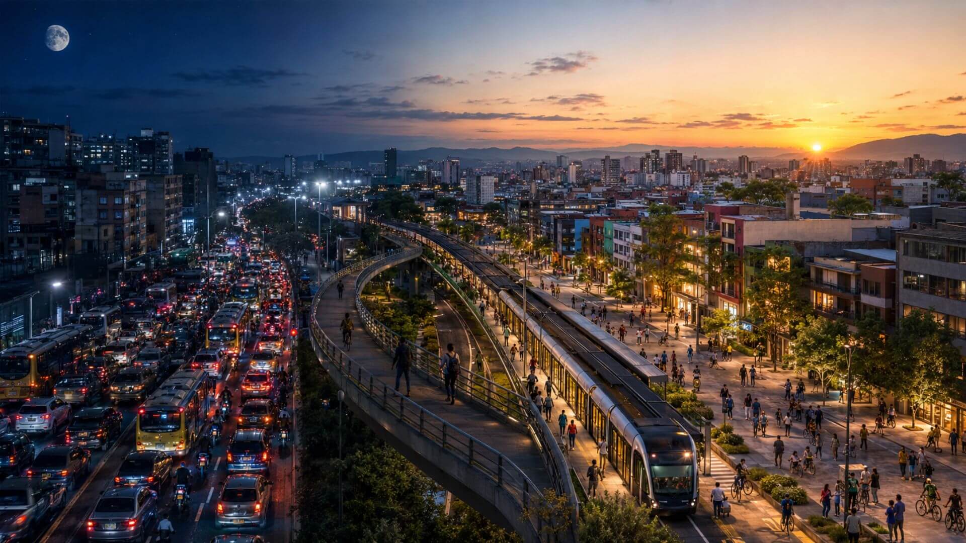 Ciudad latinoamericana con transporte público y movilidad activa, símbolo del leapfrogging aplicado al desarrollo urbano.