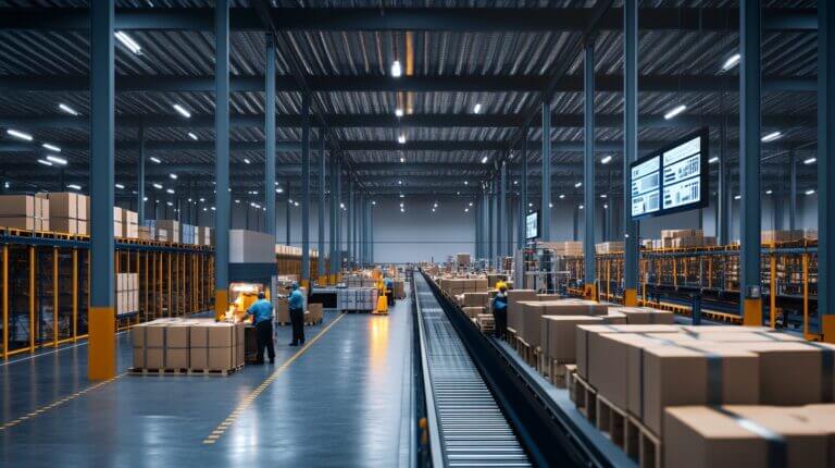 Centro de distribución moderno con operarios escaneando paquetes y tecnología de seguimiento en tiempo real