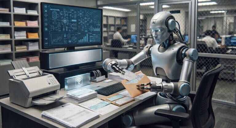 Robot procesando documentos en una oficina bancaria como representación de la robótica en la banca y la automatización física.