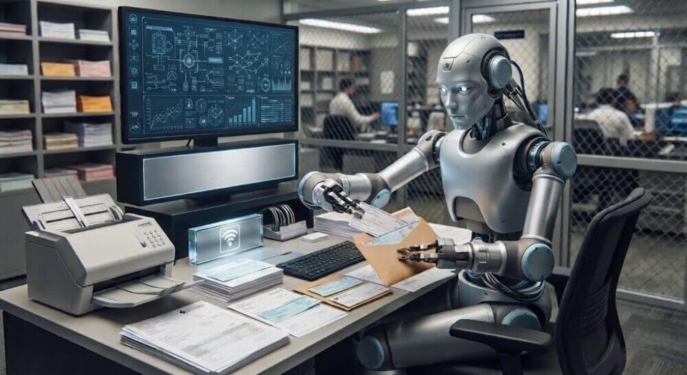 Robot procesando documentos en una oficina bancaria como representación de la robótica en la banca y la automatización física.