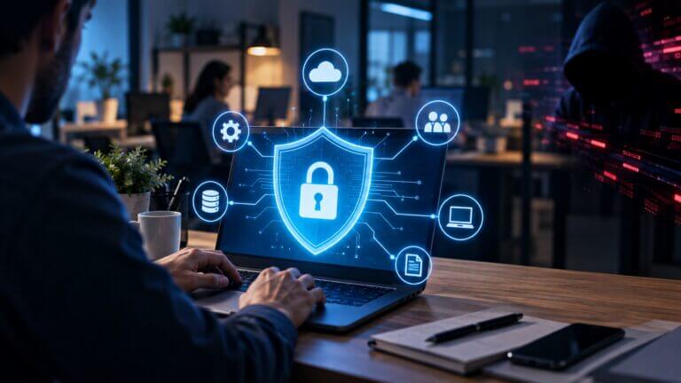 Empresa protegida frente a una amenaza informática como representación de la ciberseguridad para pymes sin equipo propio.