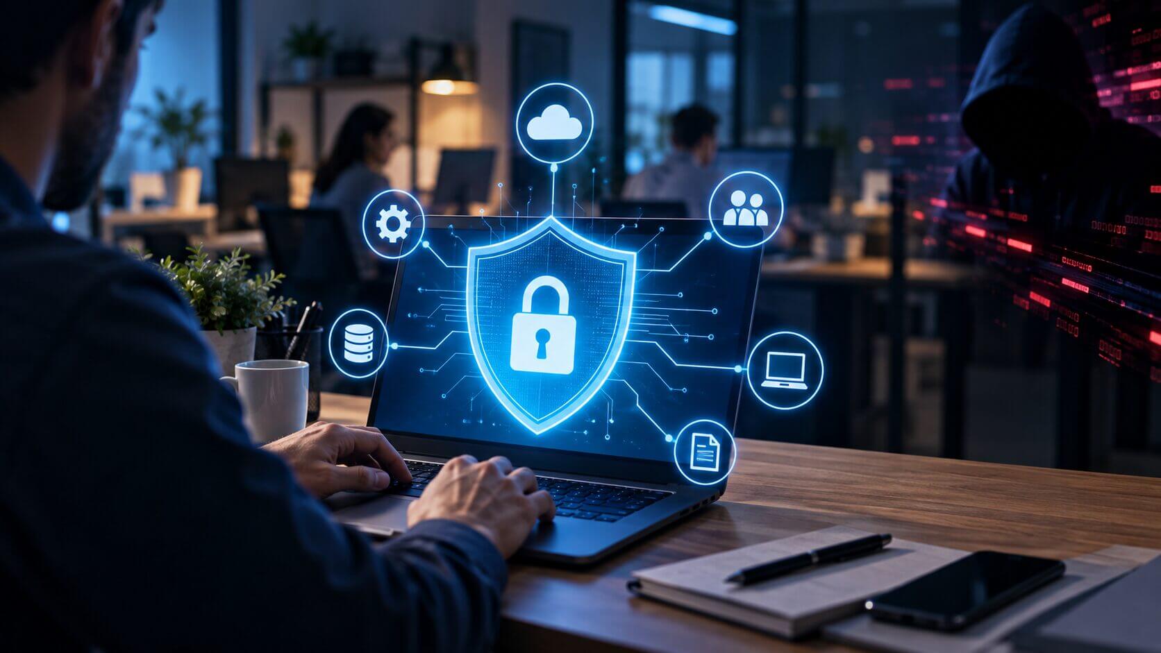 Empresa protegida frente a una amenaza informática como representación de la ciberseguridad para pymes sin equipo propio.
