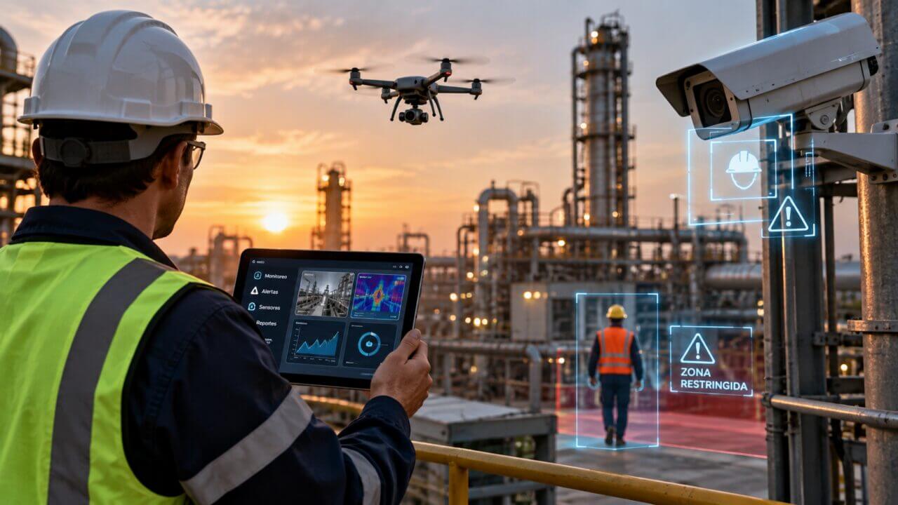 Operario, dron, cámara y sistema de alertas representan el uso de tecnología para mejorar la seguridad industrial.