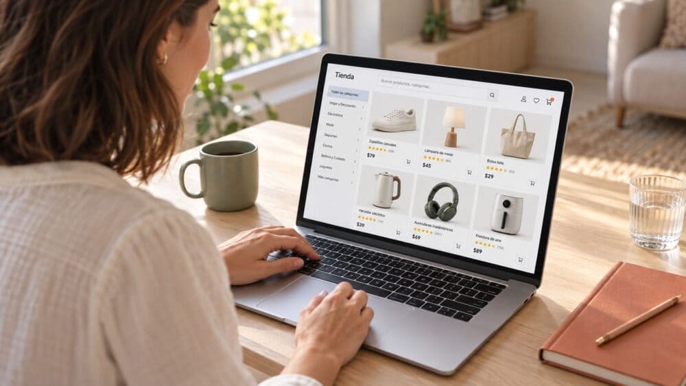 Persona navega una tienda online desde una notebook; la imagen representa el trabajo sobre catálogo, fichas de producto y ventas digitales.