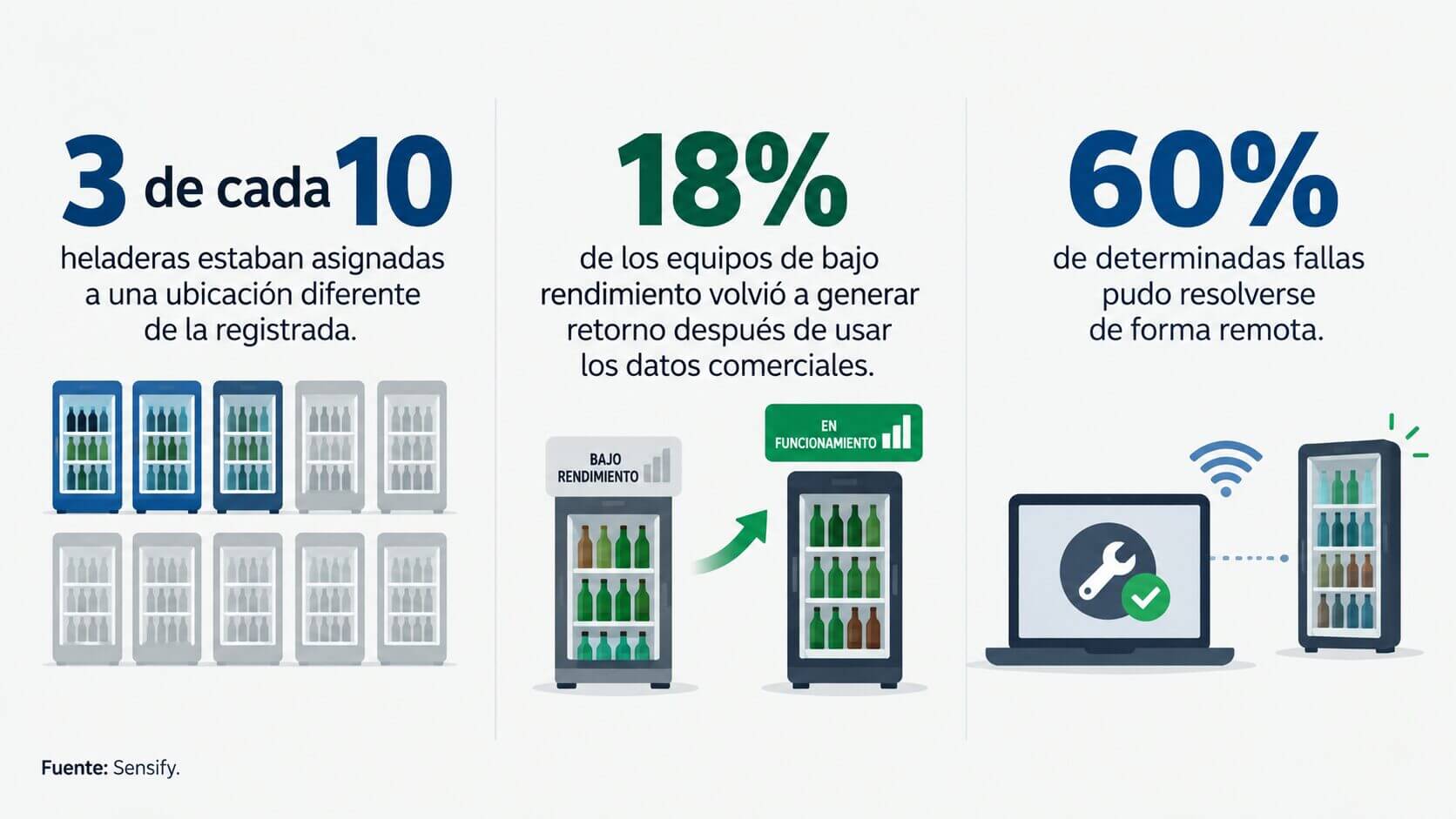 Infografía sobre desperdicio de alimentos con datos de Sensify sobre ubicación, rendimiento y resolución remota de fallas en heladeras.