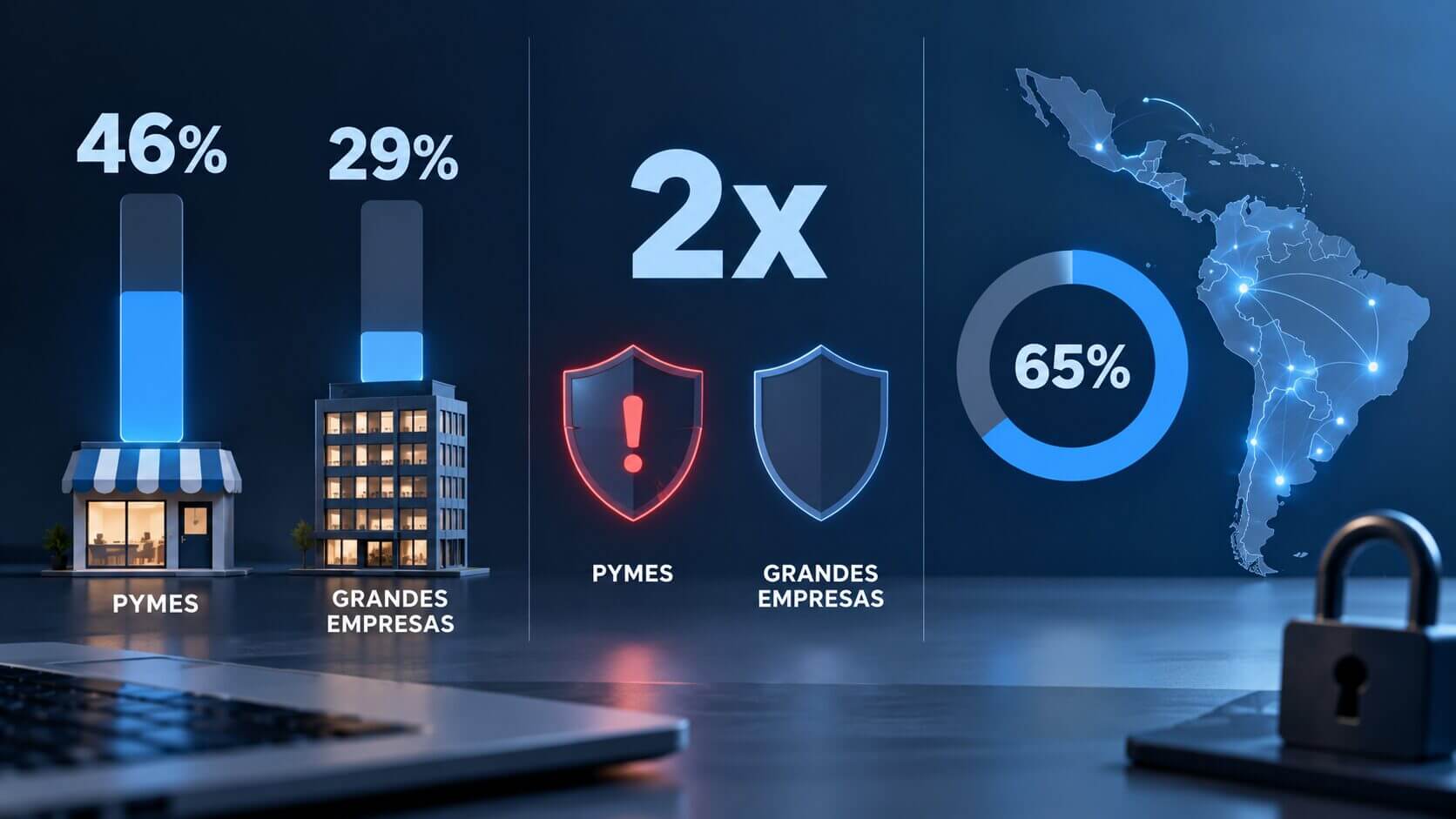 Infografía de ciberseguridad para pymes que compara falta de especialistas, resiliencia y capacidades en América Latina.