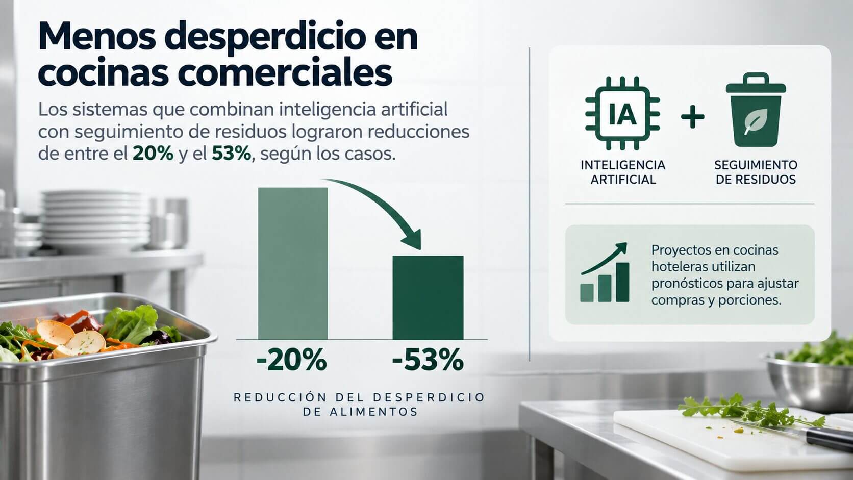 Infografía sobre desperdicio de alimentos en cocinas comerciales, con reducciones de entre 20% y 53% mediante IA y control de residuos.
