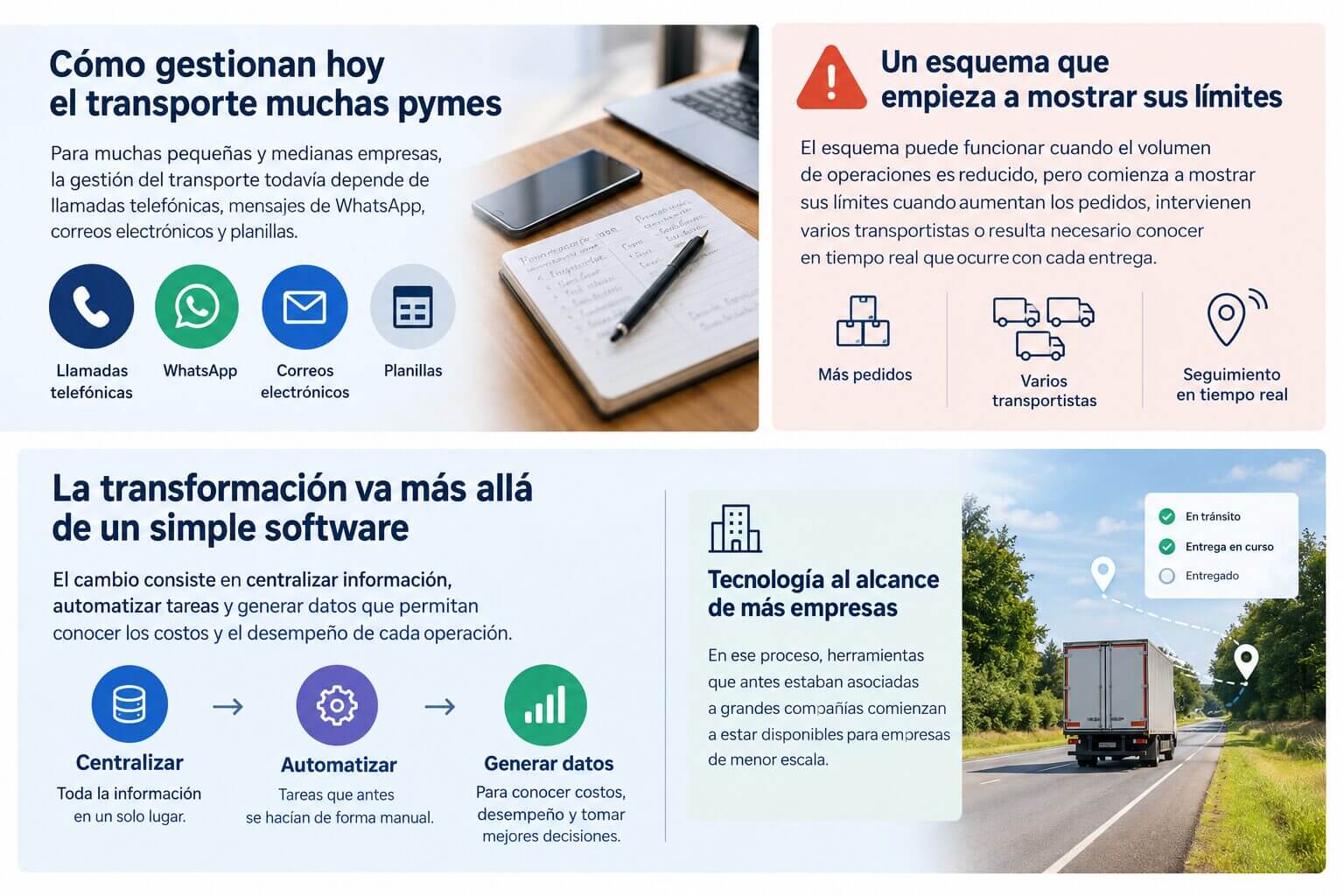 Infografía sobre la transformación de la gestión del transporte en pymes, desde llamadas, WhatsApp, correos y planillas hacia herramientas digitales para centralizar información, automatizar tareas y monitorear entregas.