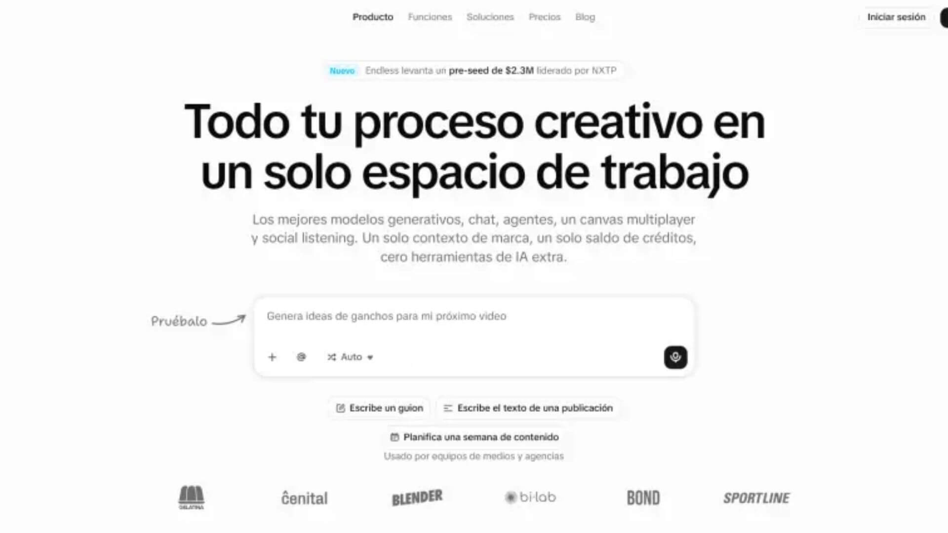 Página de Endless que presenta su espacio de trabajo con modelos generativos, chat, agentes y herramientas para procesos creativos.