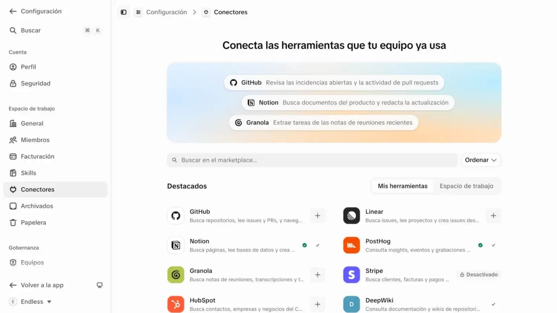 Pantalla de Endless con su sección de conectores, donde aparecen herramientas como GitHub, Notion, Granola, HubSpot, Linear, PostHog y Stripe.
