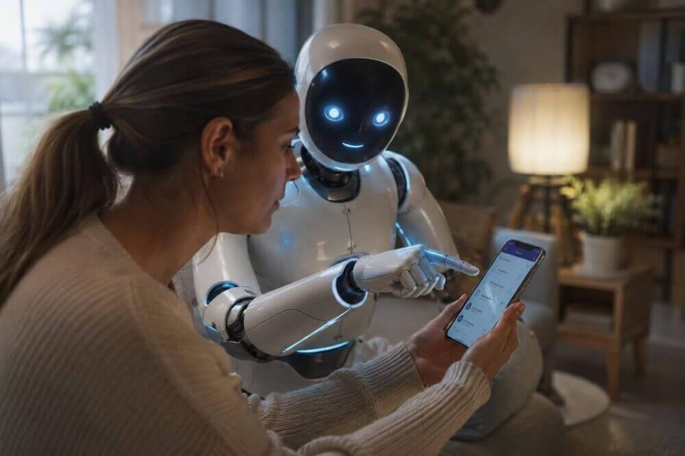Mujer observa su celular mientras un robot señala la pantalla, en una escena que representa el uso de agentes de IA en pagos online.