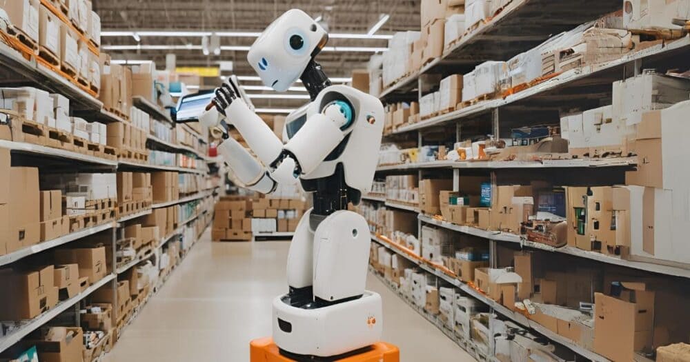 Ilustración de un robot humanoide con una tableta entre estanterías con cajas, como representación de la automatización logística.