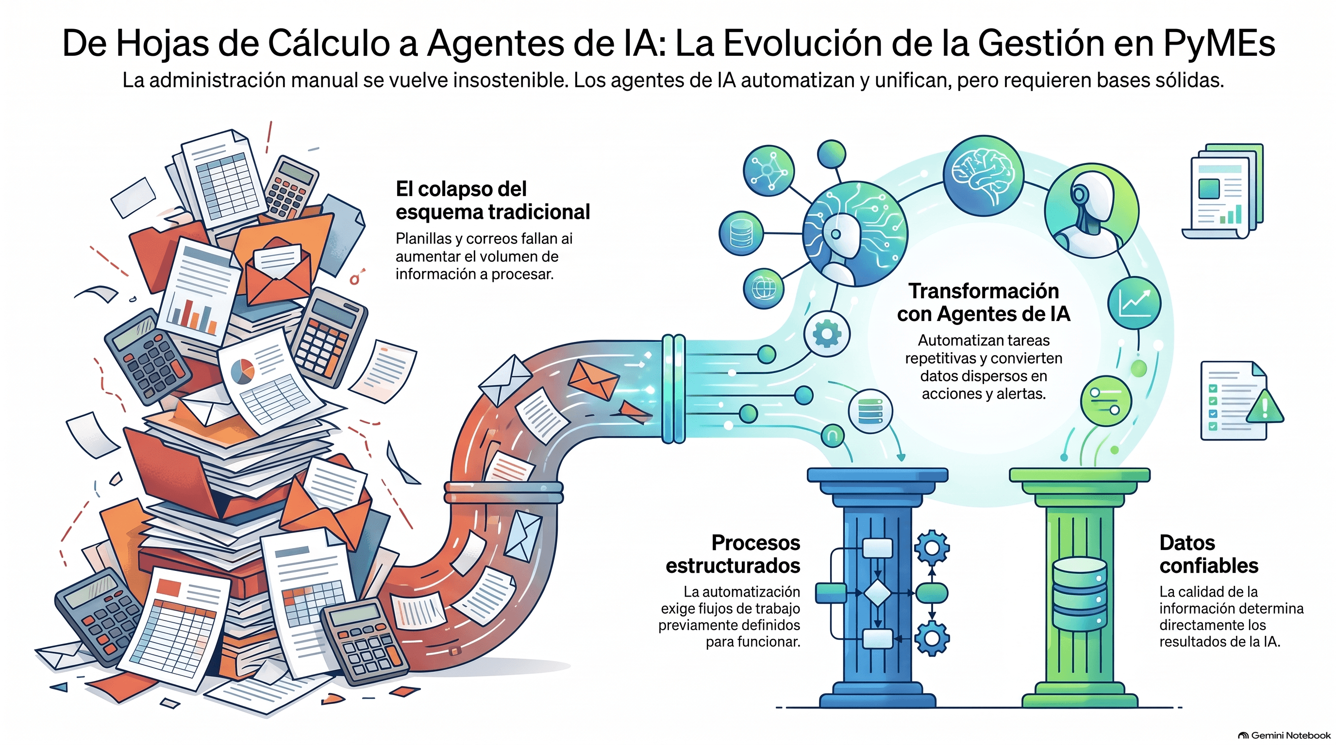 Infografía que ilustra la evolución en la administración de las PyMEs, comparando el esquema tradicional basado en planillas de Excel, correos electrónicos y tareas manuales con el nuevo modelo automatizado mediante agentes de inteligencia artificial, destacando la necesidad de contar con procesos definidos y datos confiables